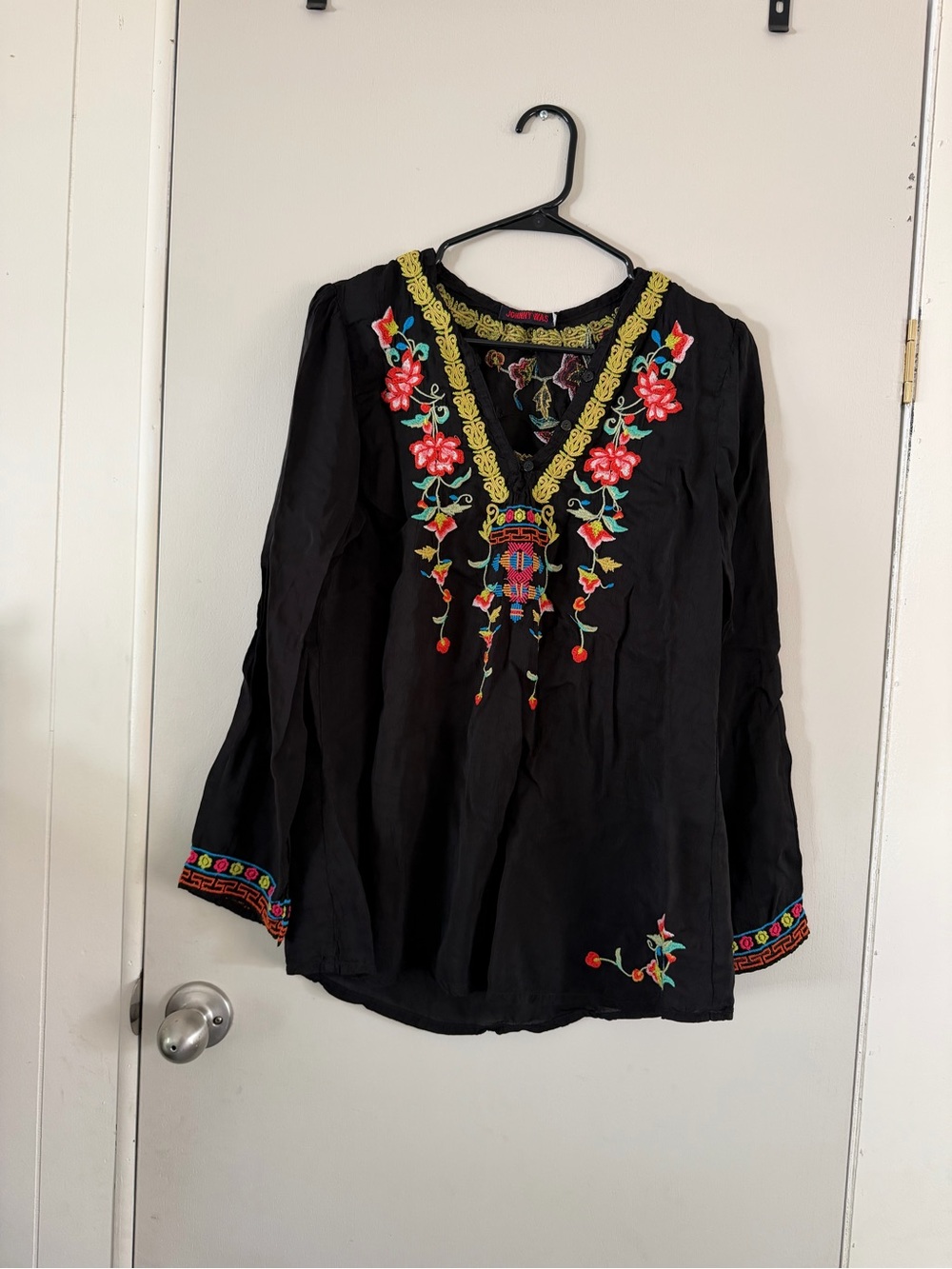 Johnny Was Embroidered V-Neck Tunic Top - Black with Multicolor Floral Detail